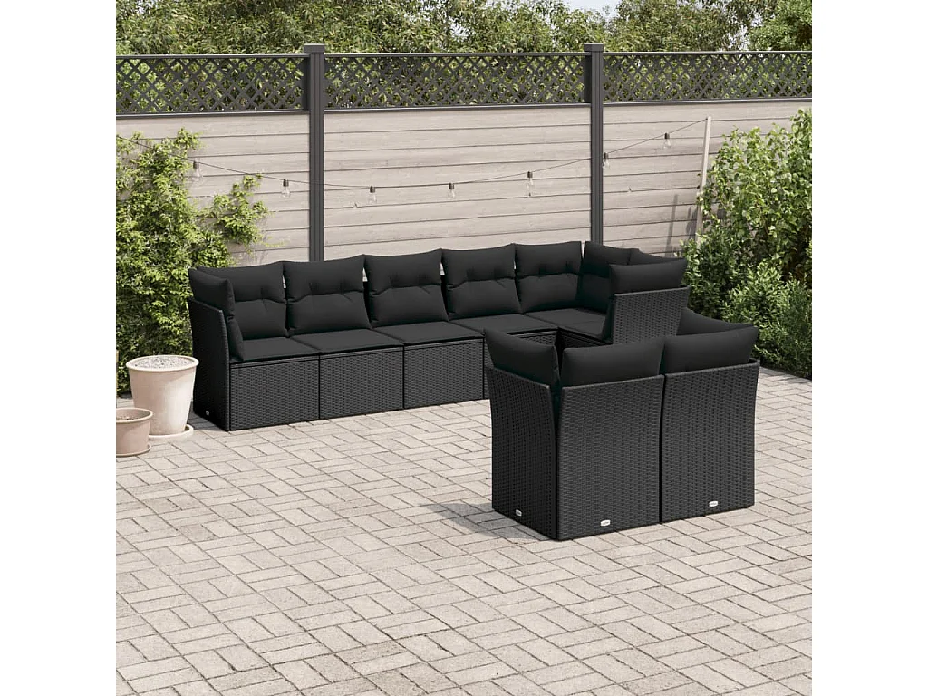 Salon de jardin 8 pcs avec coussins noir résine tressée