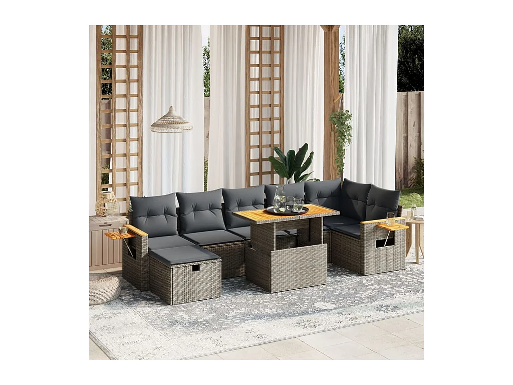 Salon de jardin 8 pcs avec coussins gris résine tressée