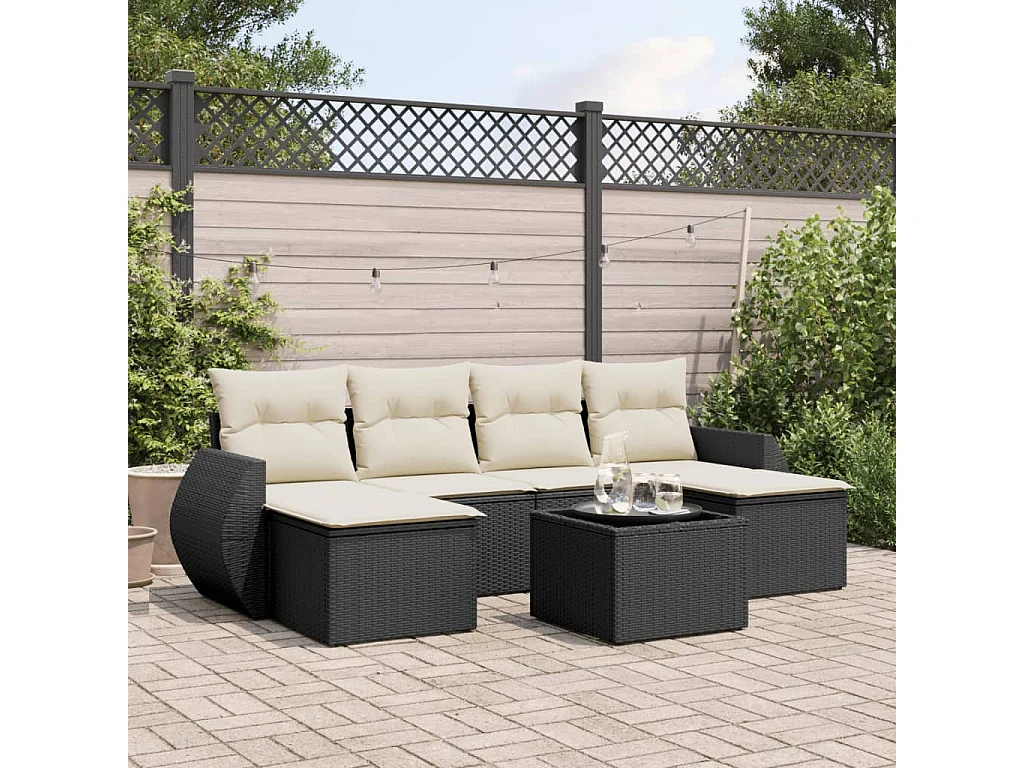 Salon de jardin 7 pcs avec coussins noir résine tressée