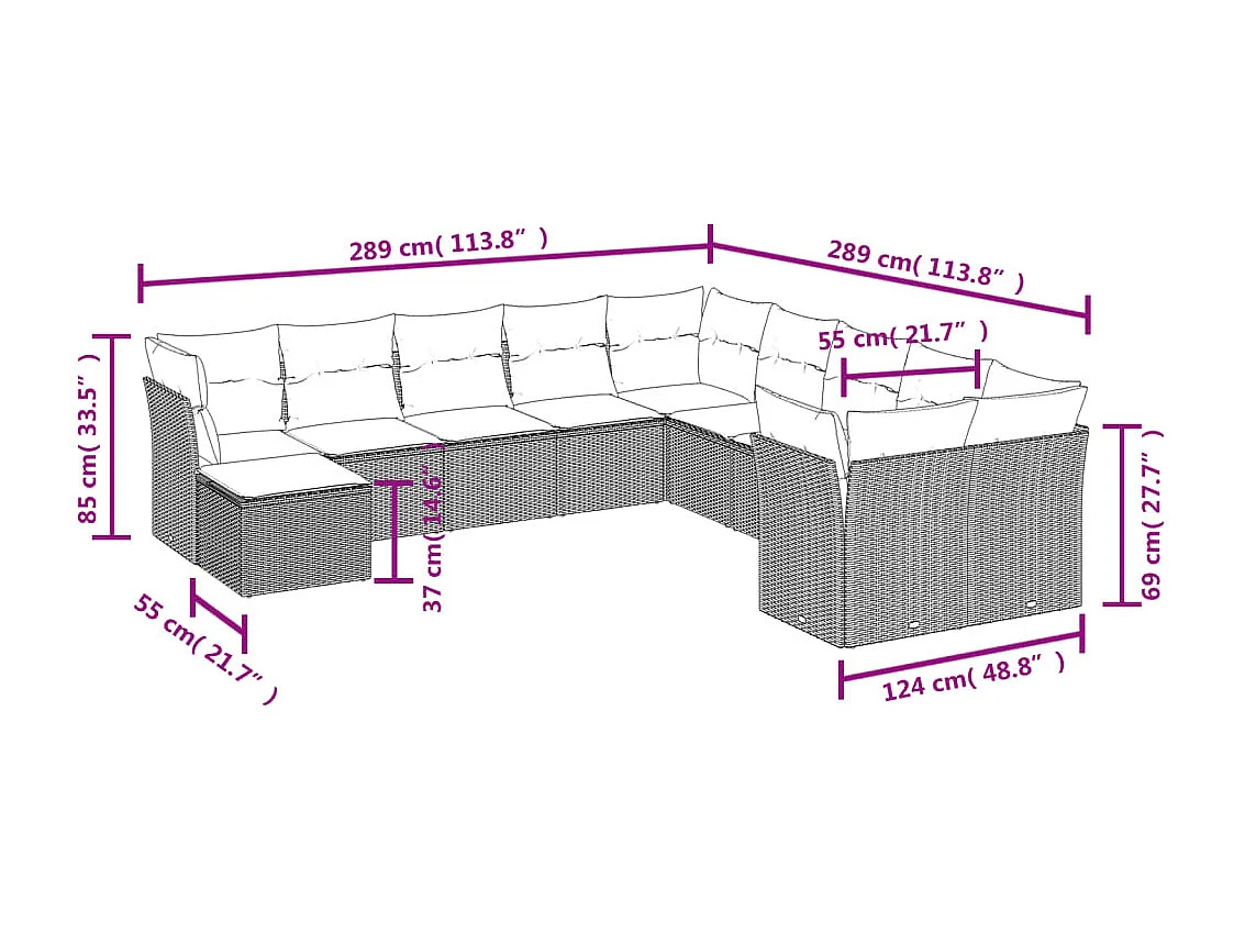 Set Divani da Giardino 11 pz con Cuscini in Polyrattan Grigio