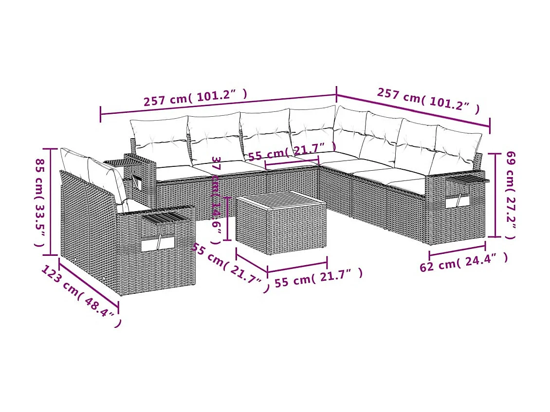 Set Divano da Giardino 10 pz con Cuscini Beige in Polyrattan