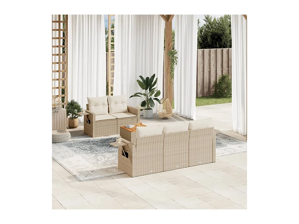 6 pcs conjunto de sofás p/ jardim com almofadões vime PE bege
