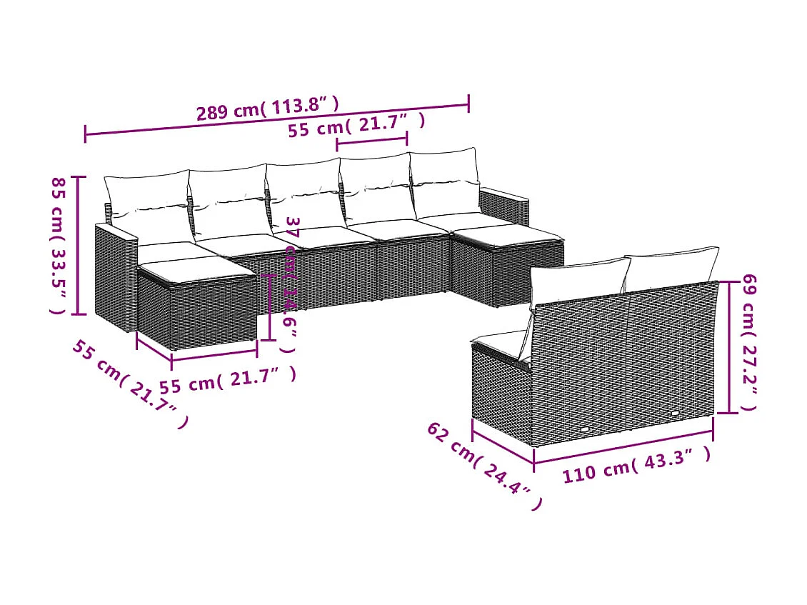 Salon de jardin 9 pcs avec coussins noir résine tressée
