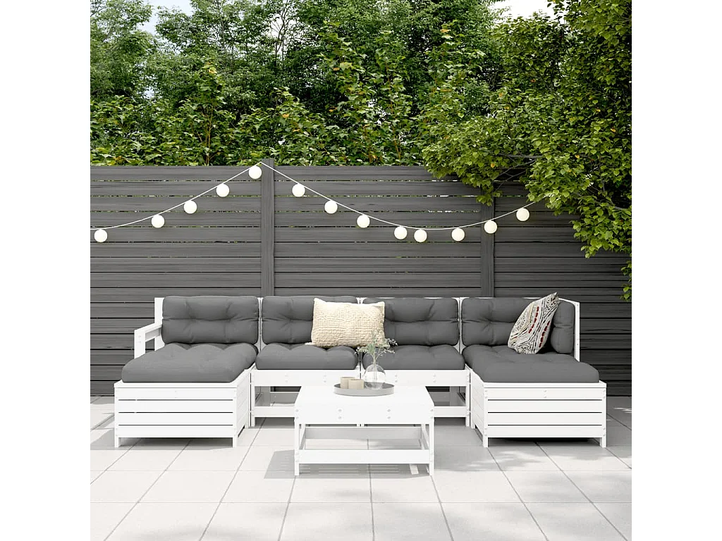 Set Divani da Giardino 7 pz Bianco in Legno Massello di Pino