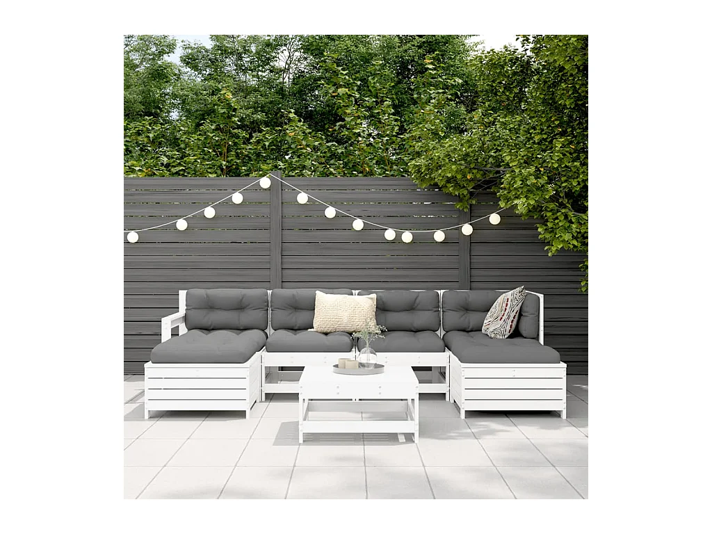 Salon de jardin 7 pcs blanc bois de pin massif