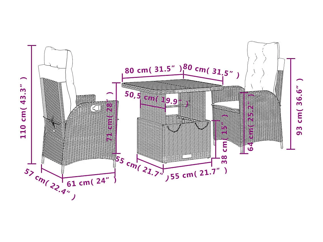 Set comedor de jardín 3 pzas con cojines ratán sintético beige