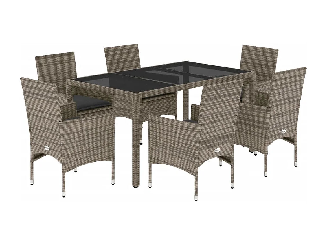 Ensemble à manger de jardin et coussins 7 pcs gris rotin verre