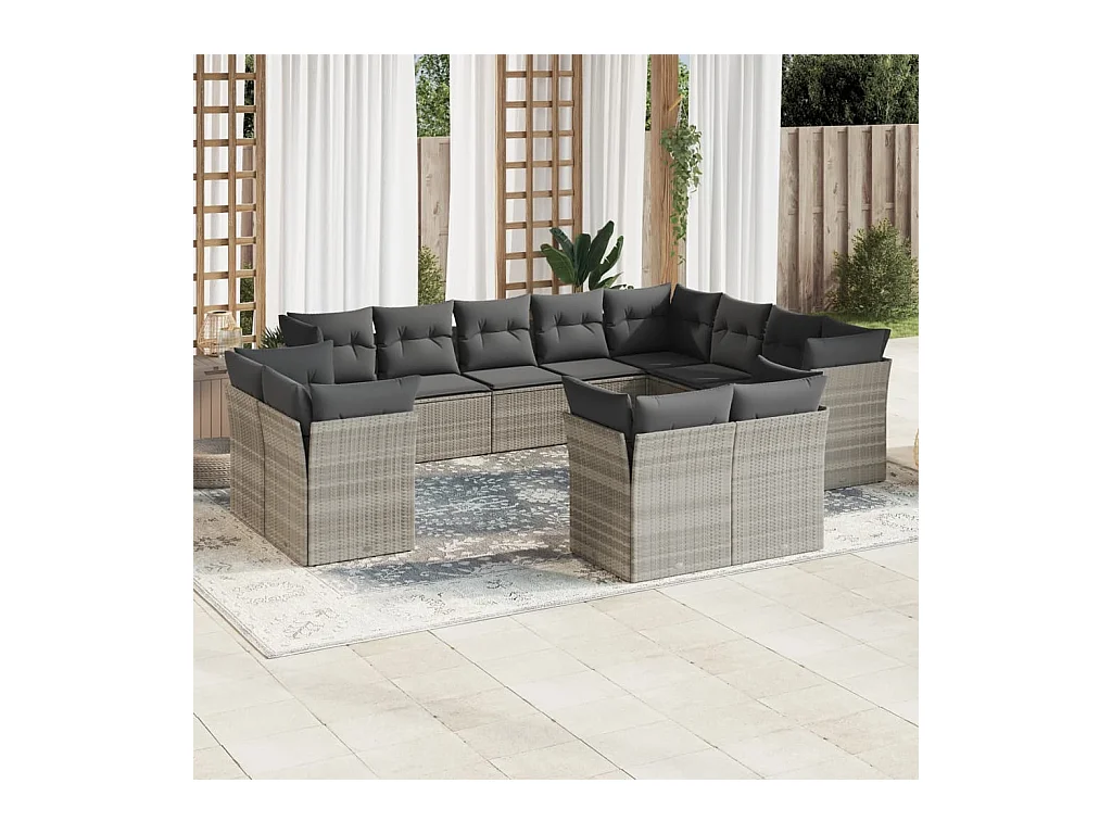 12 pcs conj. sofás jardim com almofadões vime PE cinzento-claro