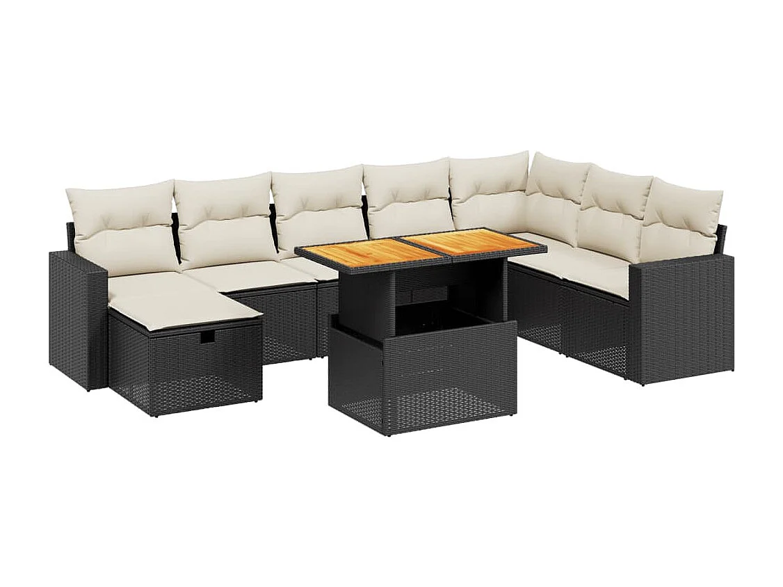 Set Divani da Giardino 9 pz con Cuscini Nero in Polyrattan