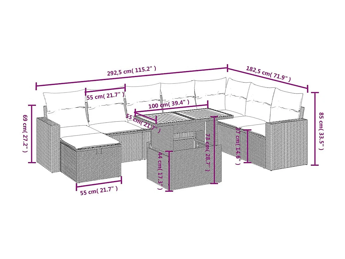 Set Divani da Giardino 9 pz con Cuscini Nero in Polyrattan