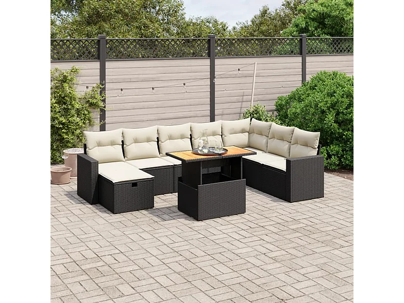 Set Divani da Giardino 9 pz con Cuscini Nero in Polyrattan