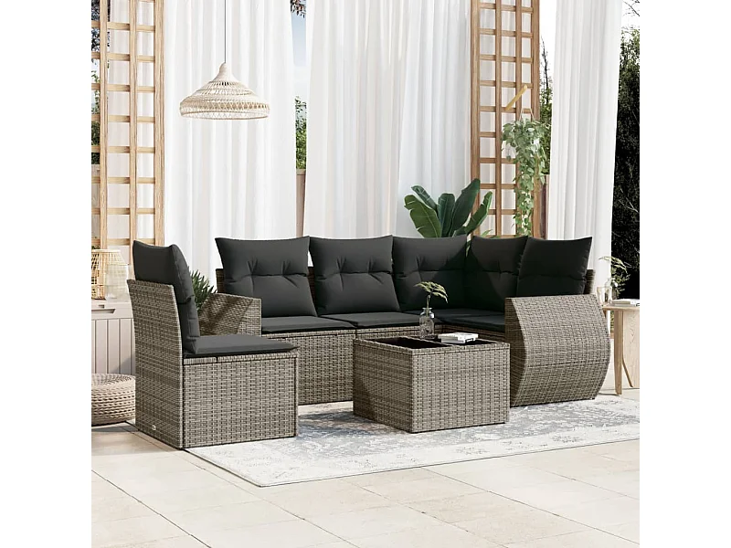 Salon de jardin 6 pcs avec coussins gris résine tressée