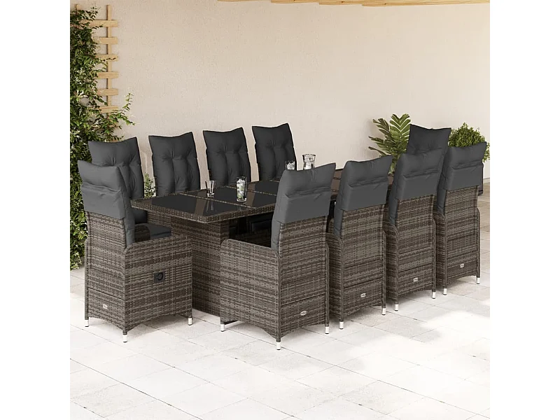 Set de mesa y sillas de jardín 11 pzas y cojines ratán PE gris