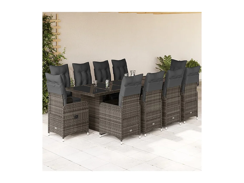 Set Bistrò da Giardino 11 pz con Cuscini in Polyrattan Grigio