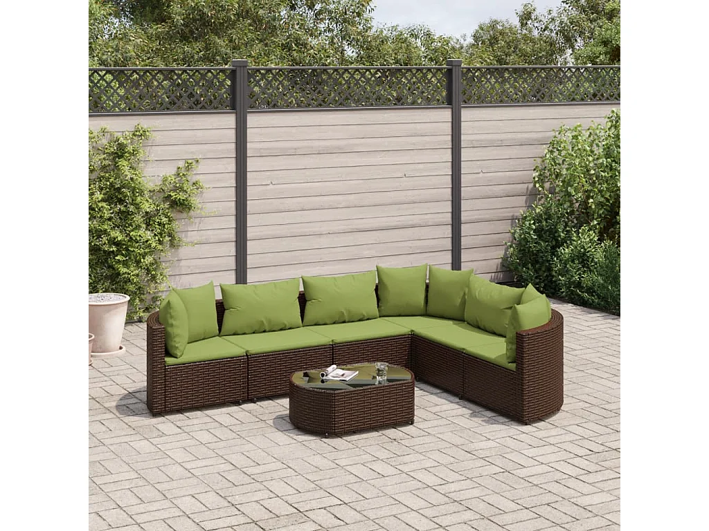 Set Divani da Giardino 7 pz con Cuscini Marrone in Polyrattan