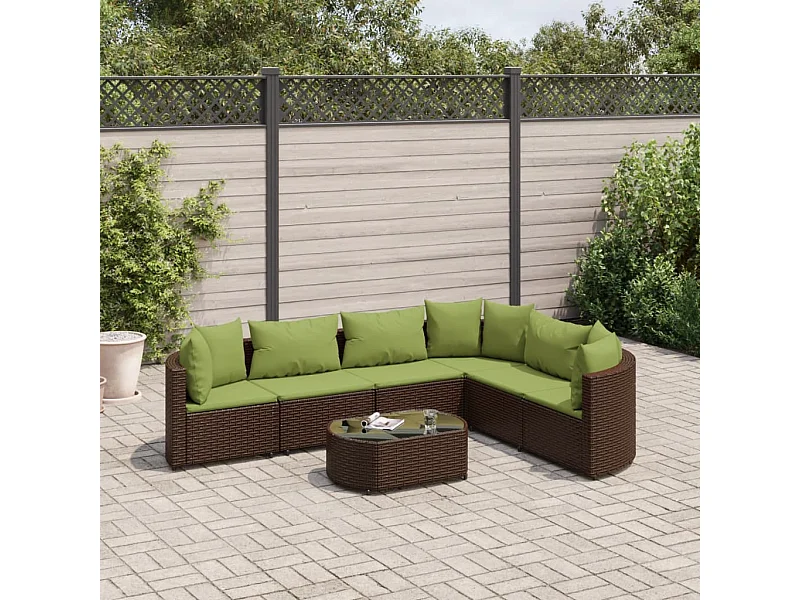 Set Divani da Giardino 7 pz con Cuscini Marrone in Polyrattan
