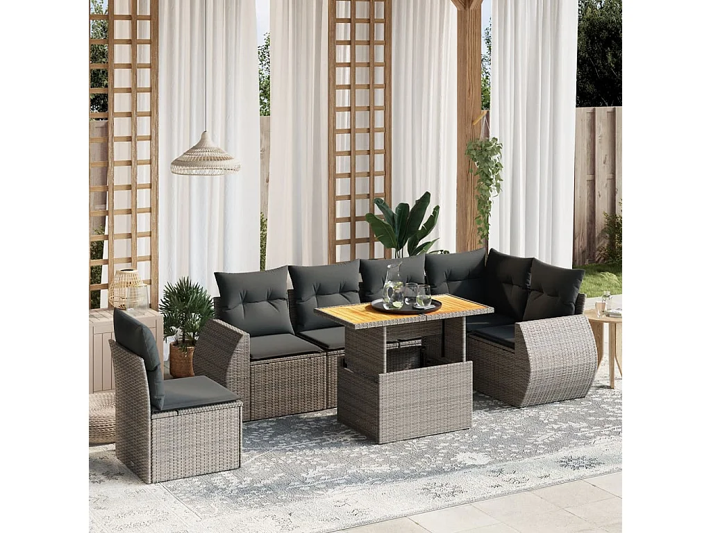 Set Divani da Giardino 7 pz con Cuscini Grigio in Polyrattan