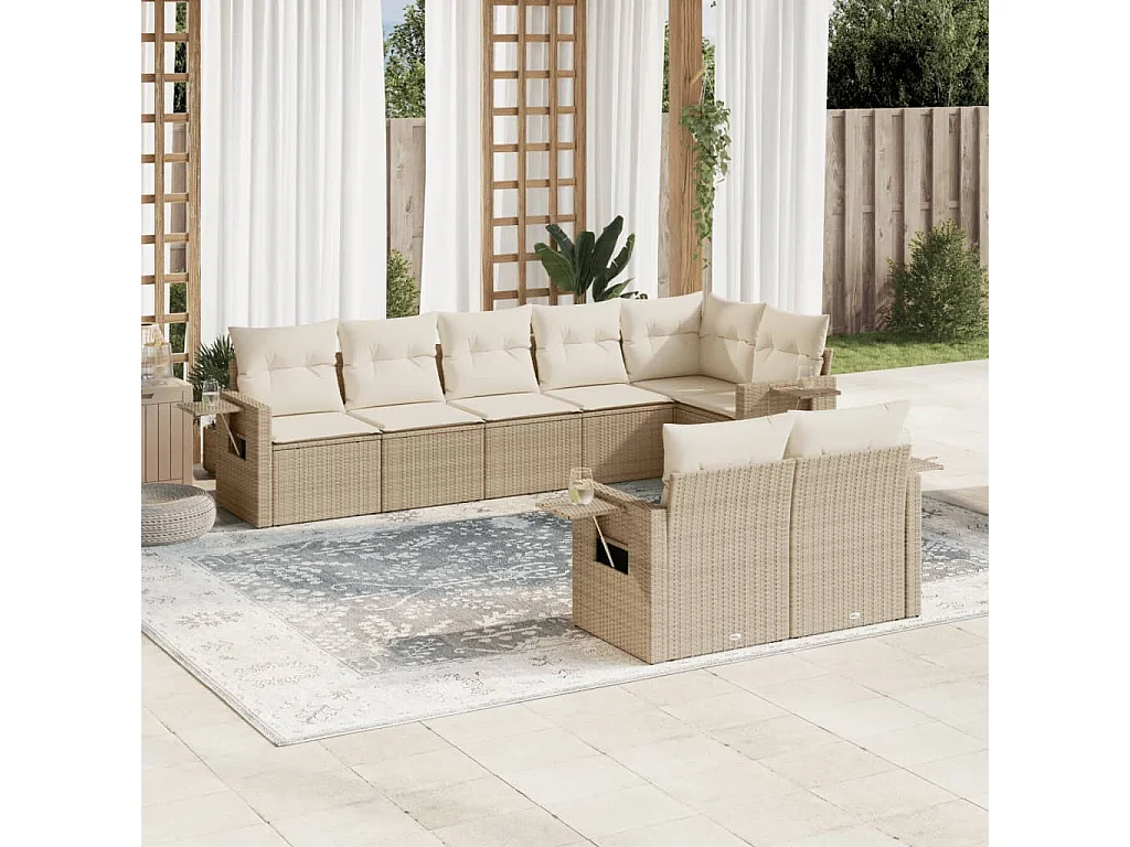 Salon de jardin avec coussins 8 pcs beige résine tressée