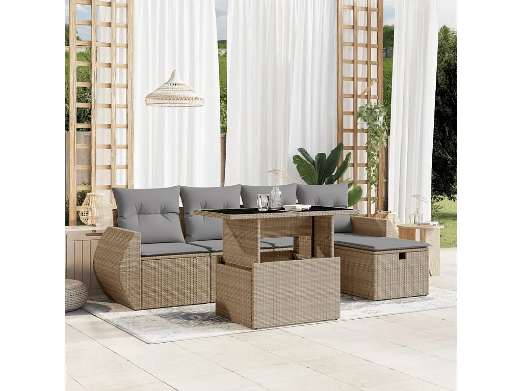 Salon de jardin avec coussins 6 pcs beige résine tressée