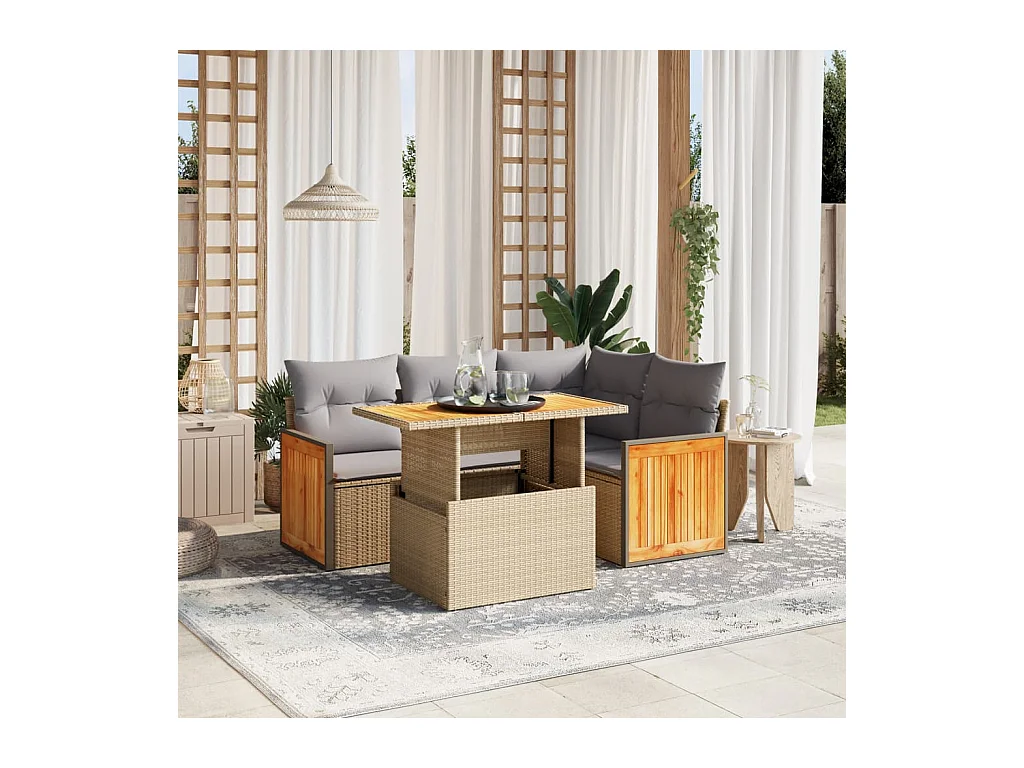 Set Divano da Giardino 5 pz con Cuscini Beige in Polyrattan