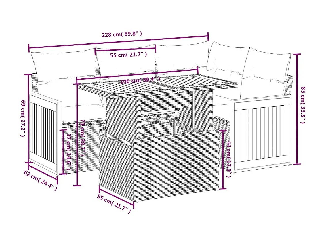 5-delige Loungeset met kussens poly rattan beige
