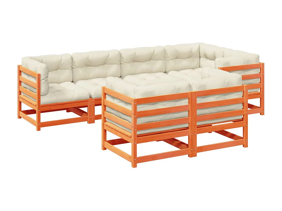 Salon de jardin 7 pcs avec coussins cire marron bois pin massif