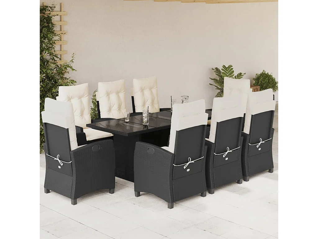 9-tlg. Garten-Essgruppe mit Kissen Schwarz Poly Rattan