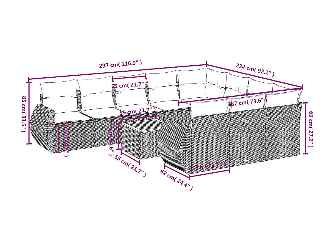 11-tlg. Garten-Sofagarnitur mit Kissen Schwarz Poly Rattan
