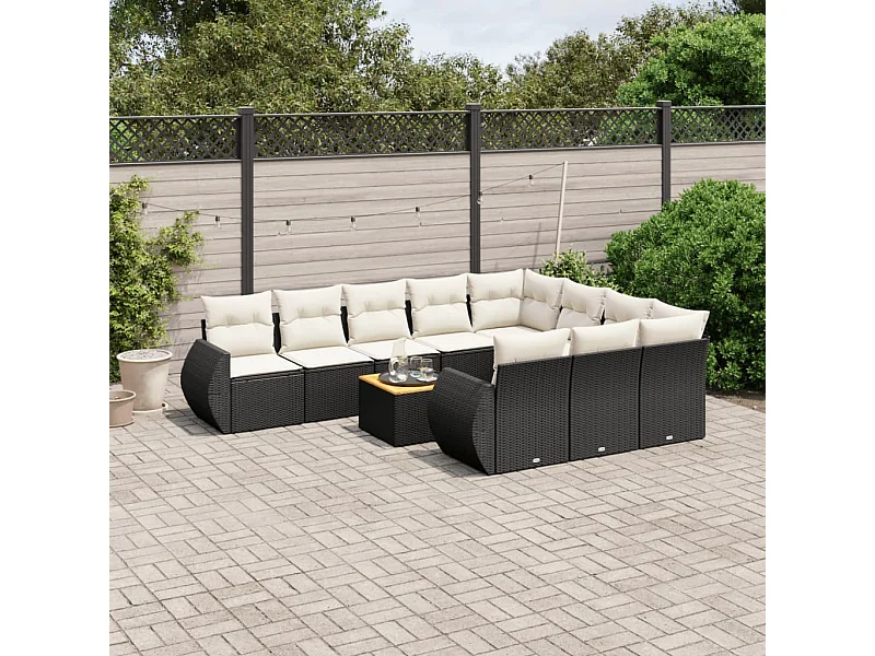 11-tlg. Garten-Sofagarnitur mit Kissen Schwarz Poly Rattan