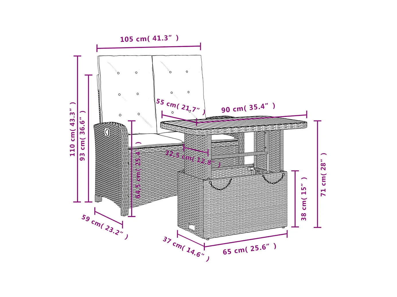 2-delige Tuinset met kussens poly rattan beige