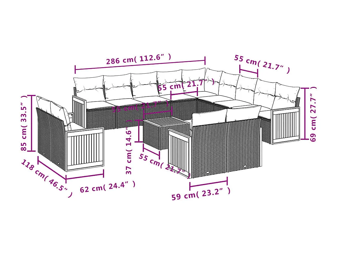 14-delige Loungeset met kussens poly rattan beige