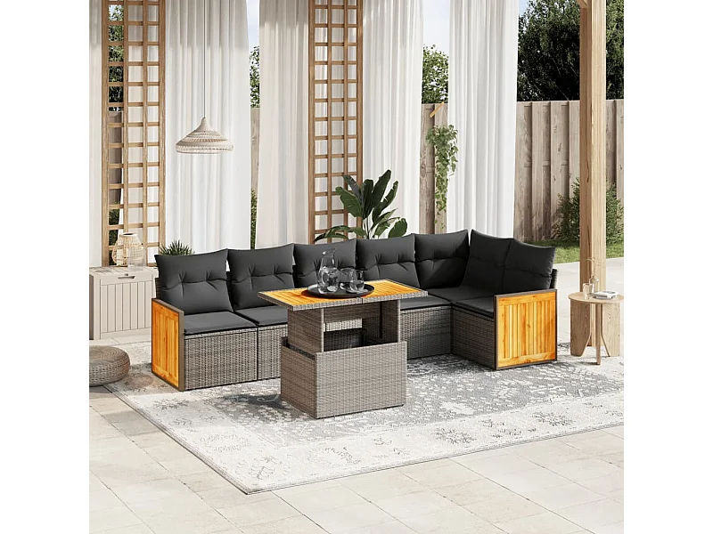Salon de jardin avec coussins 7 pcs gris résine tressée