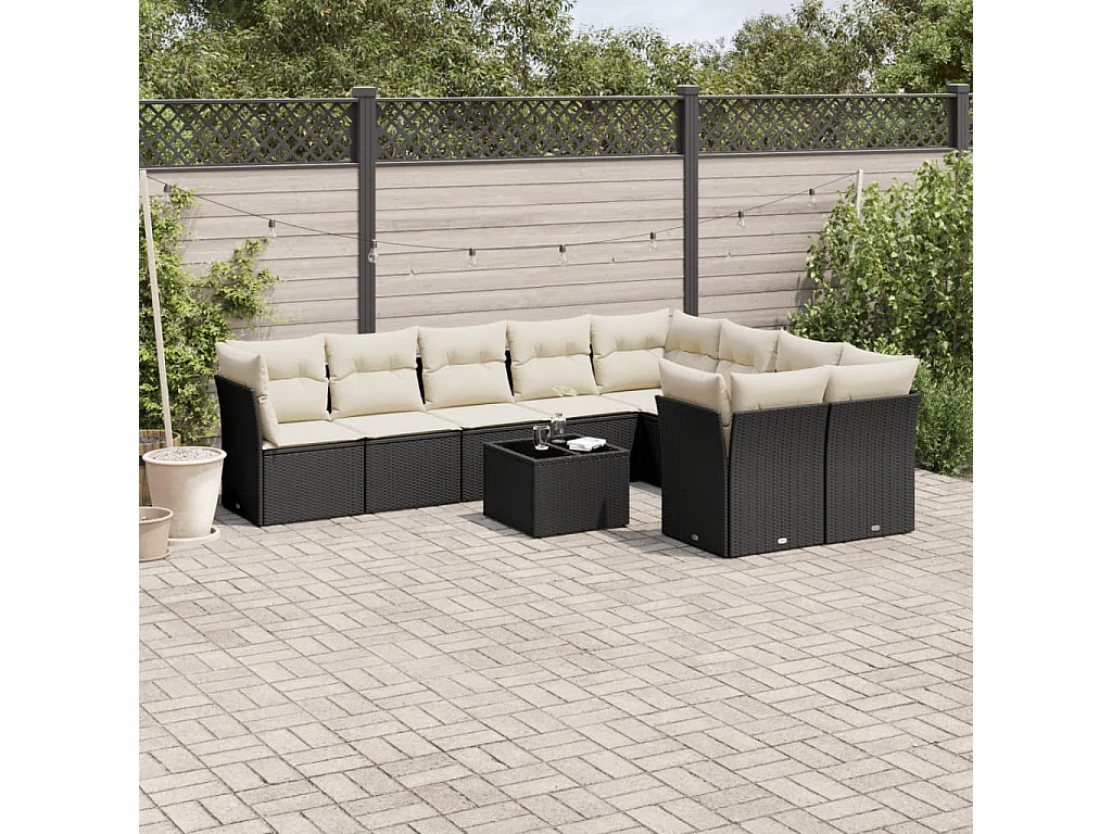 Set Divani da Giardino 10pz con Cuscini in Polyrattan Nero