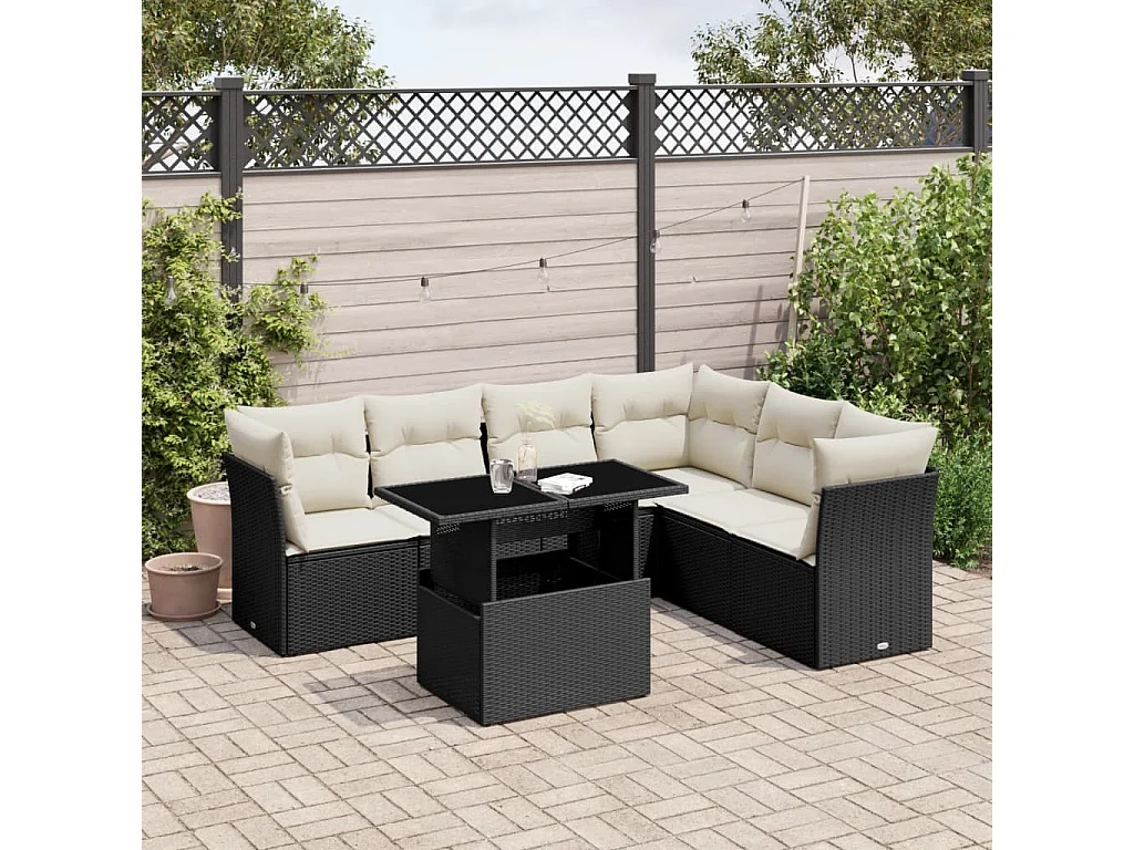 Set Divani da Giardino con Cuscini 7pz Nero Polyrattan