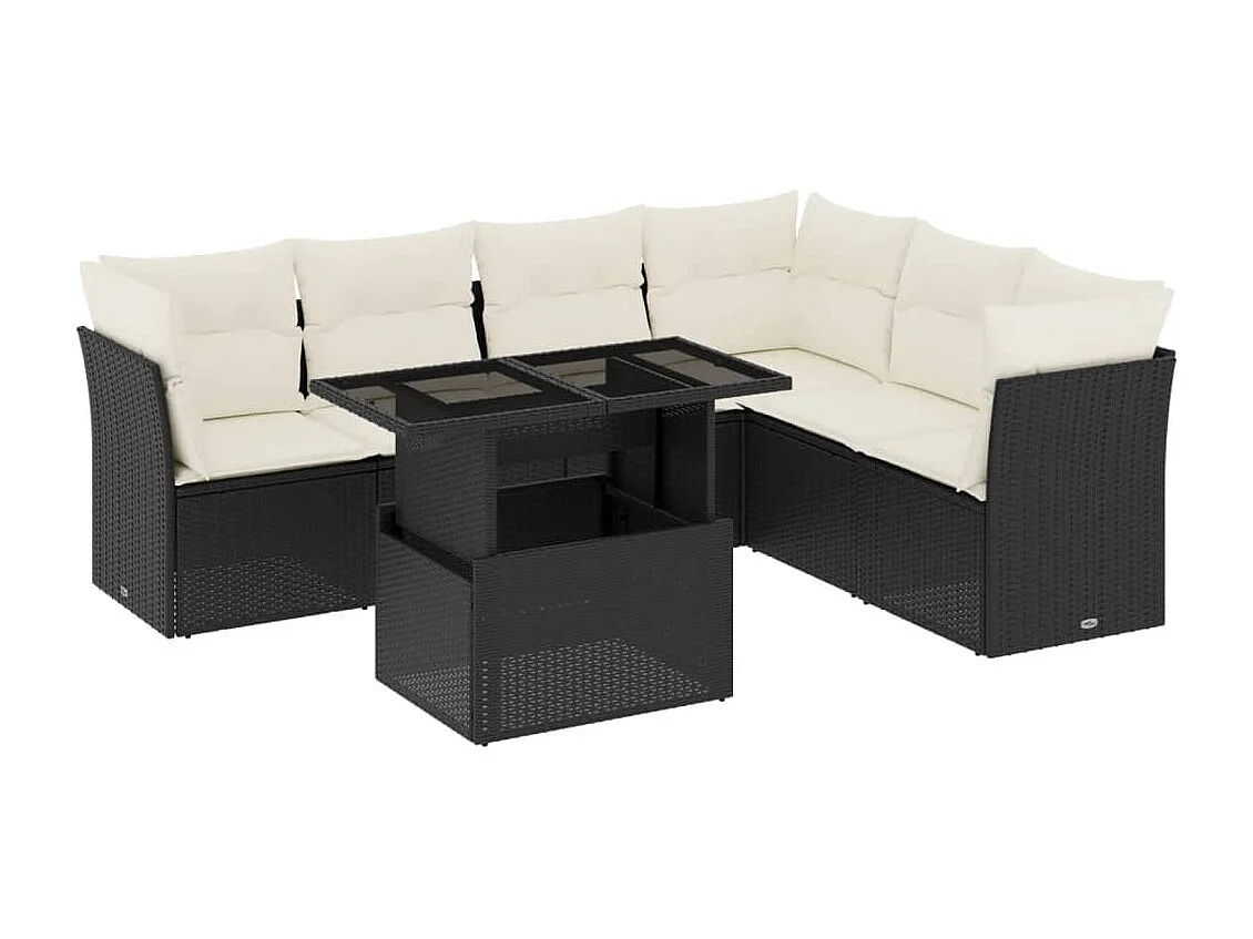 Salon de jardin 7 pcs avec coussins noir résine tressée