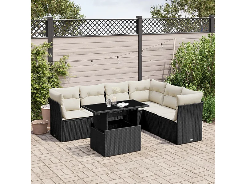 Salon de jardin 7 pcs avec coussins noir résine tressée