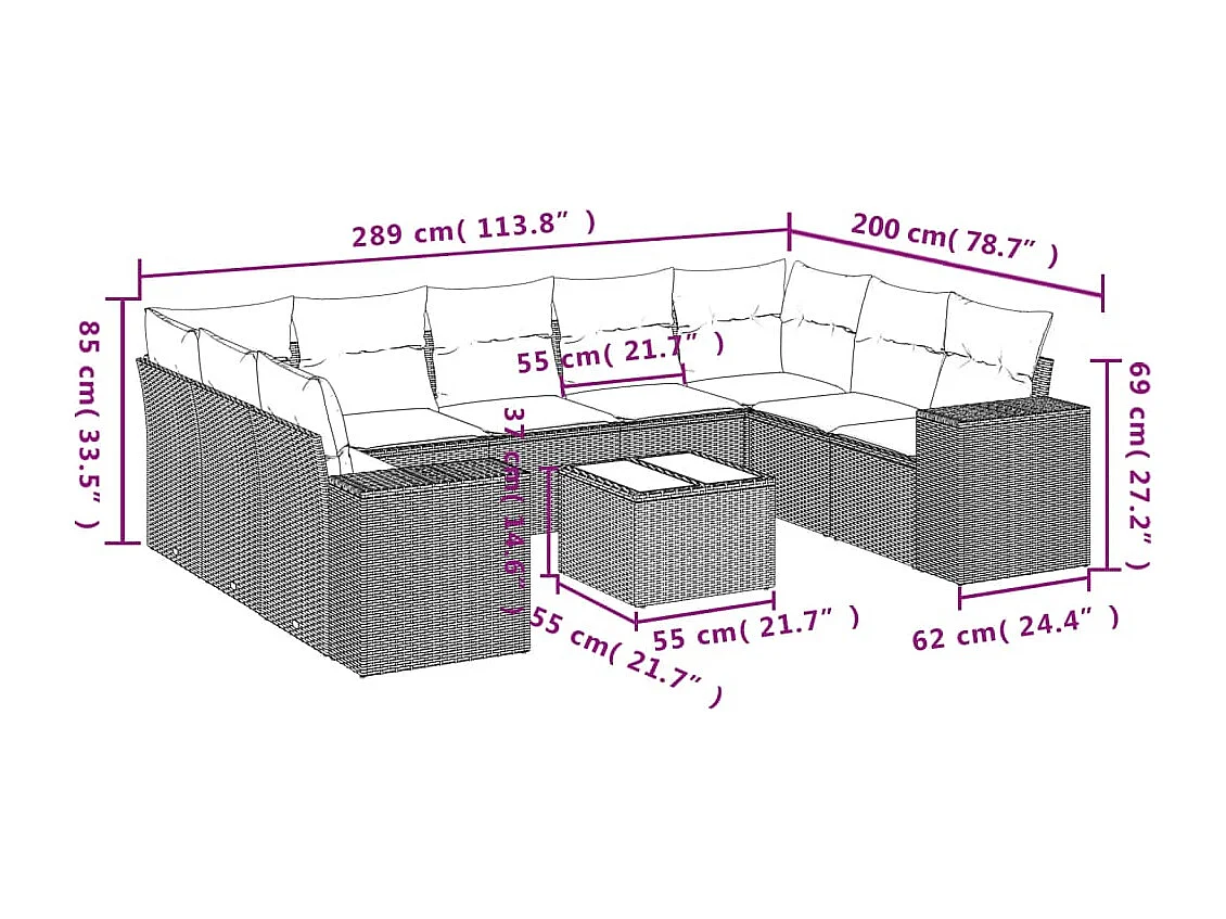 Set sofás jardín 10 pzas con cojines ratán sintético gris claro