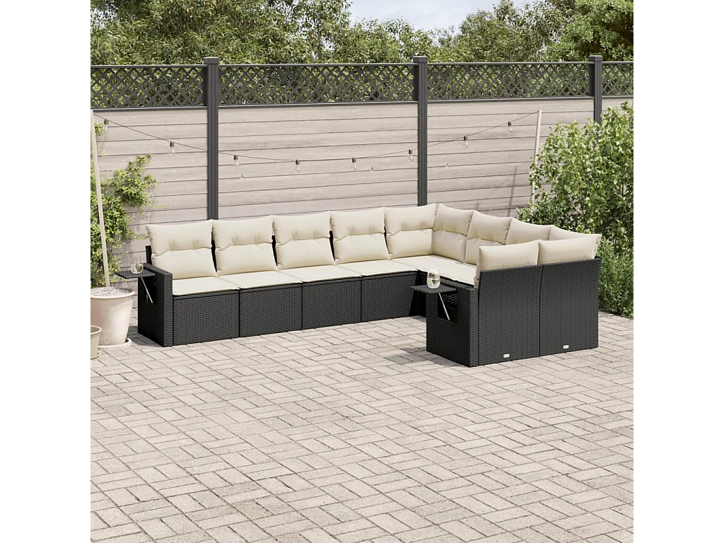 9 pcs conjunto de sofás p/ jardim c/ almofadões vime PE preto