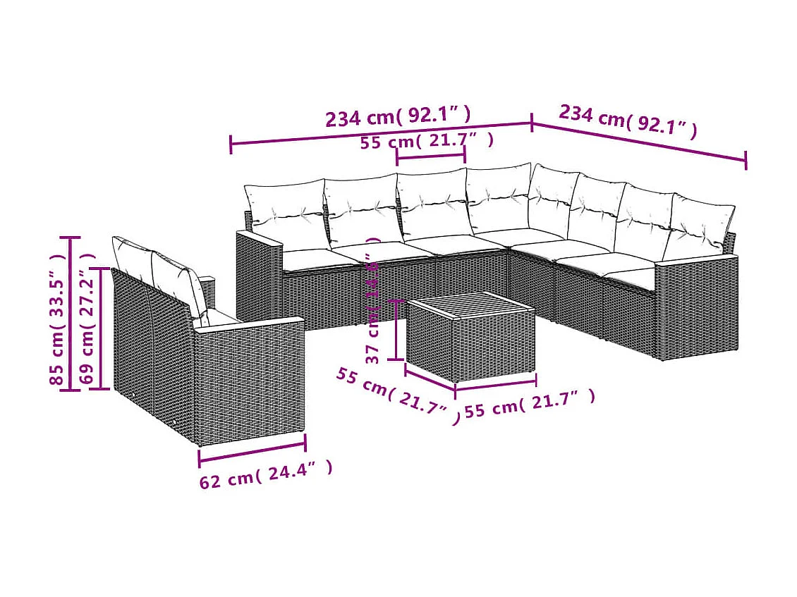Salon de jardin 10 pcs avec coussins noir résine tressée