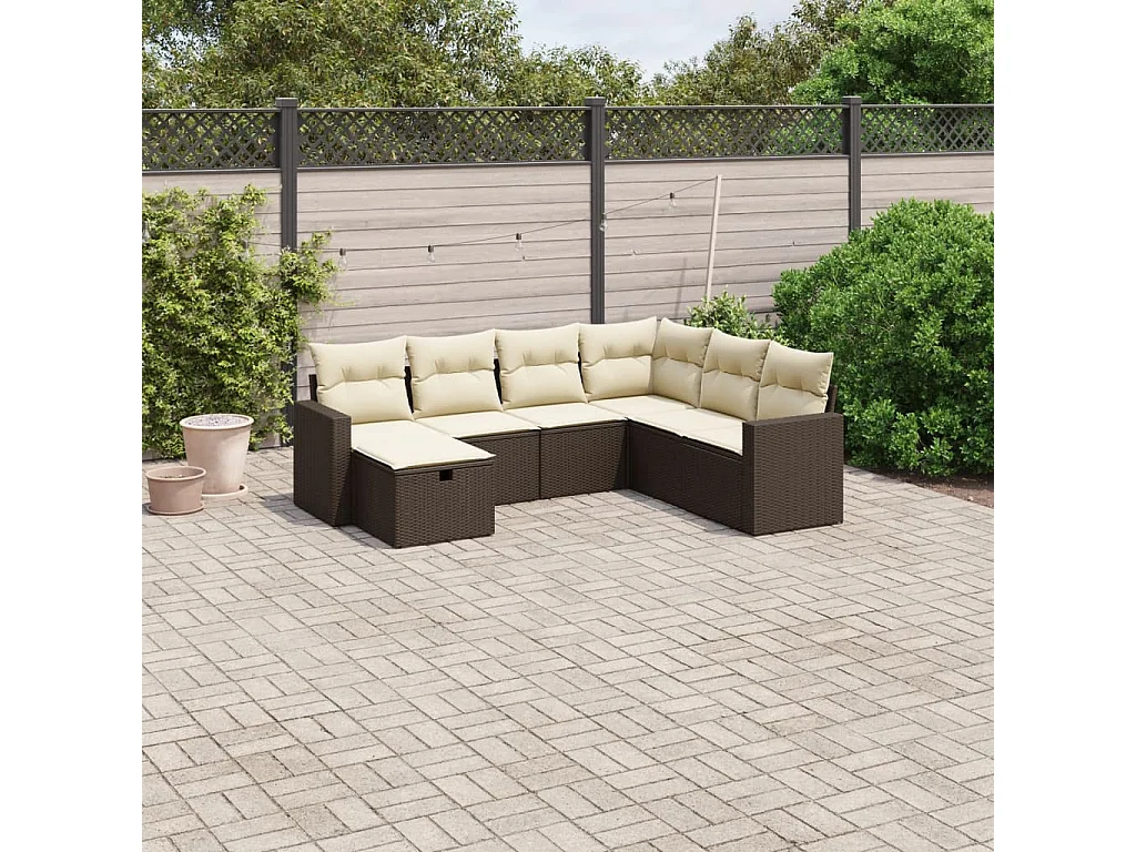 7 pcs conjunto de sofás jardim c/ almofadões vime PE castanho