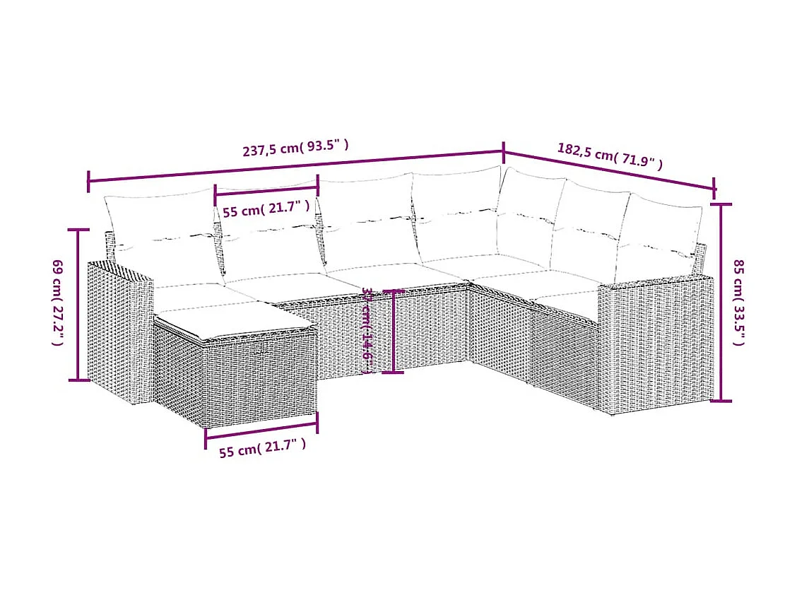 7 pcs conjunto de sofás jardim c/ almofadões vime PE castanho