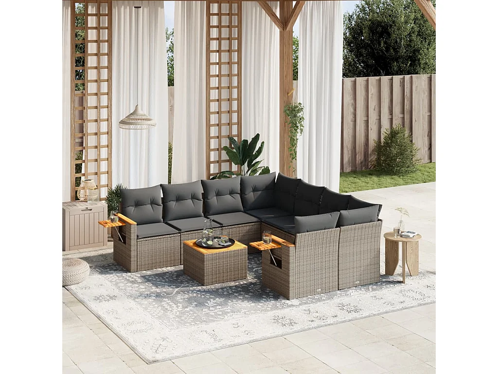 Salon de jardin 9 pcs avec coussins gris résine tressée