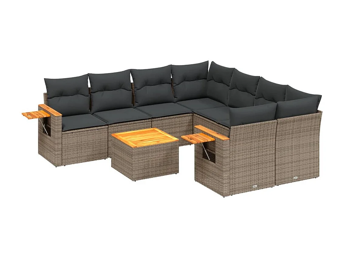 Salon de jardin 9 pcs avec coussins gris résine tressée