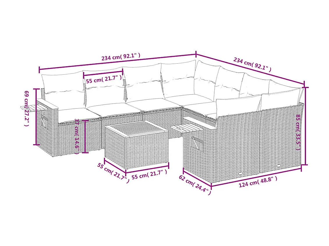 Salon de jardin 9 pcs avec coussins gris résine tressée