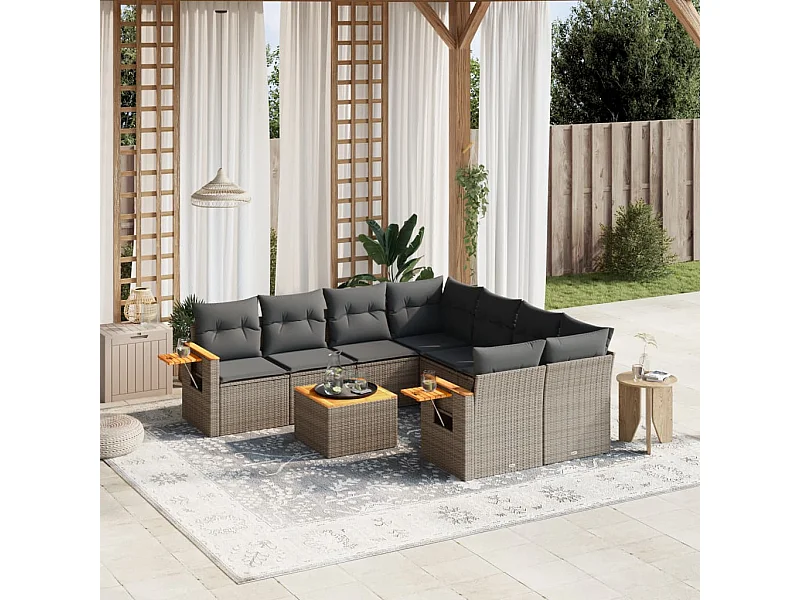 Salon de jardin 9 pcs avec coussins gris résine tressée