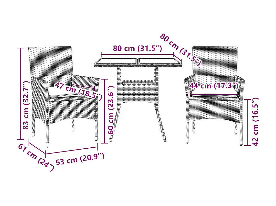 Set da Pranzo da Giardino 3 pz con Cuscini Polyrattan e Vetro