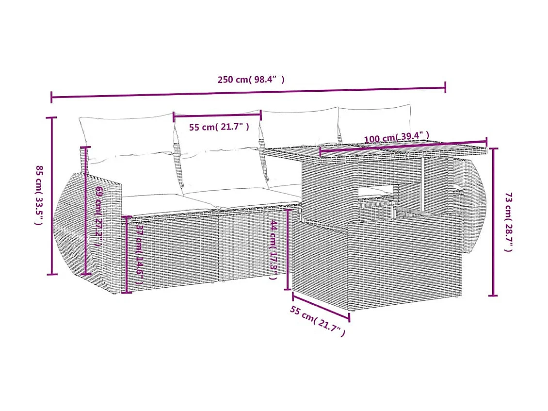 5-tlg. Garten-Sofagarnitur mit Kissen Grau Poly Rattan