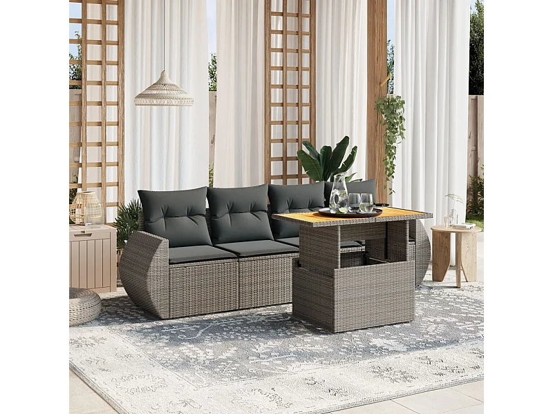 Salon de jardin 5 pcs avec coussins gris résine tressée