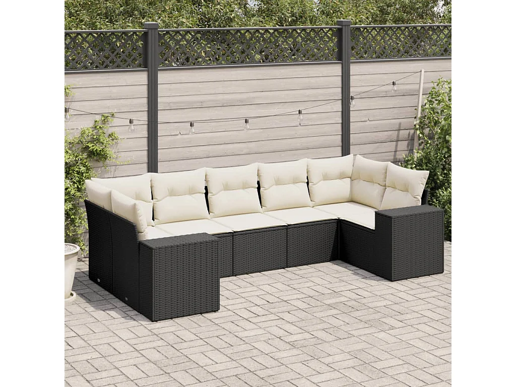 7-delige Loungeset met kussens poly rattan zwart