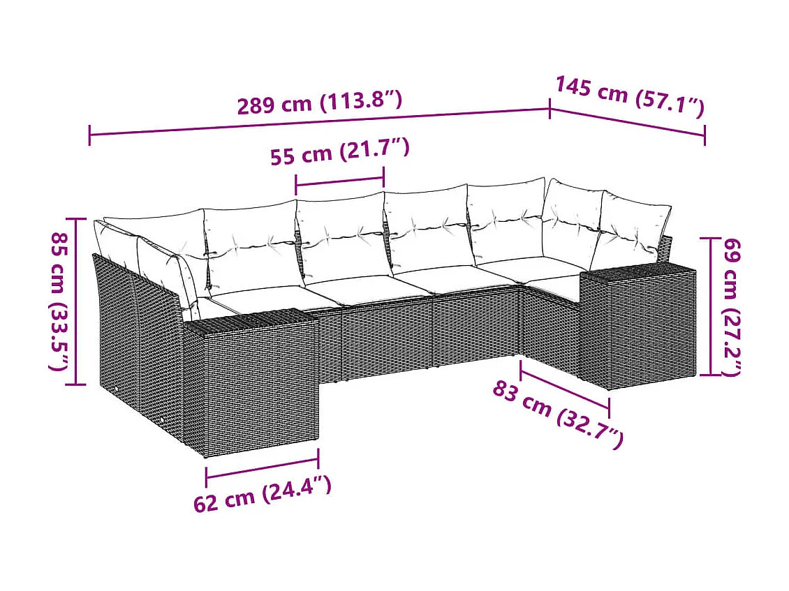 7-delige Loungeset met kussens poly rattan zwart